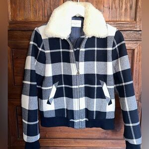 SANDRO Blue/Cream Plaid Coat w/Fur Collar  ⭐️NWT💫